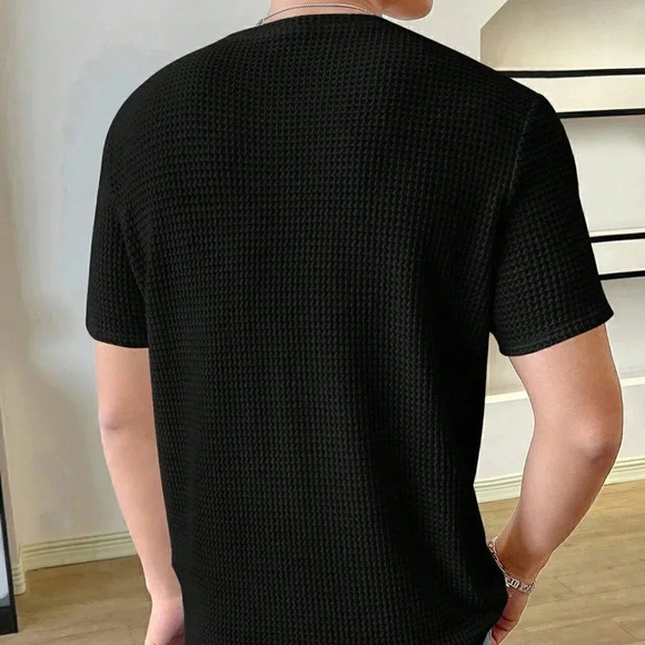 Black Preppy Mens Solid Waffle Knit Tee - Picture 2 of 5